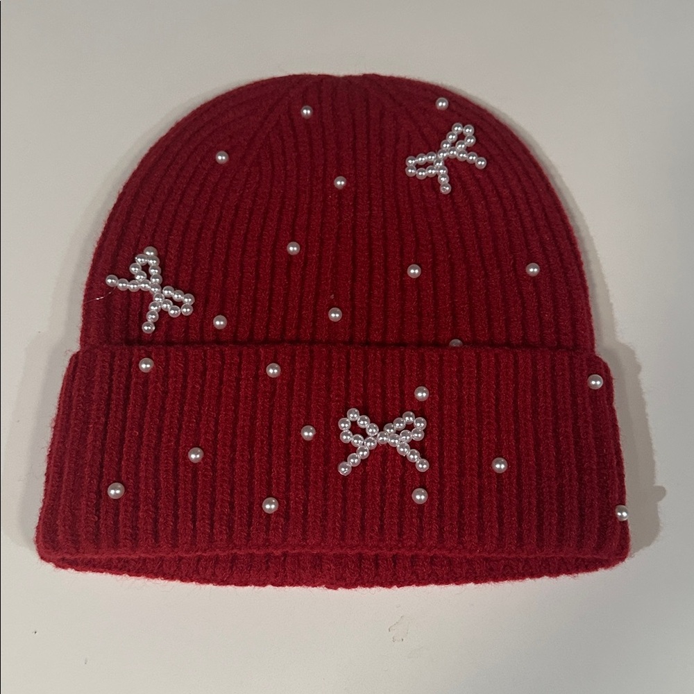 Red Beanie with Pearl Accents